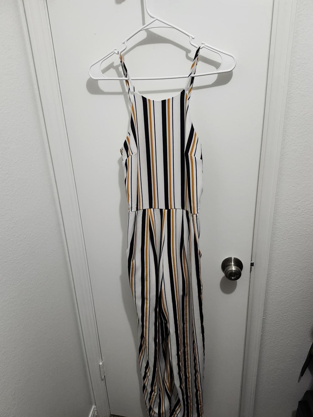 Striped Wide-Leg Jumpsuit in White, Black & Mustard